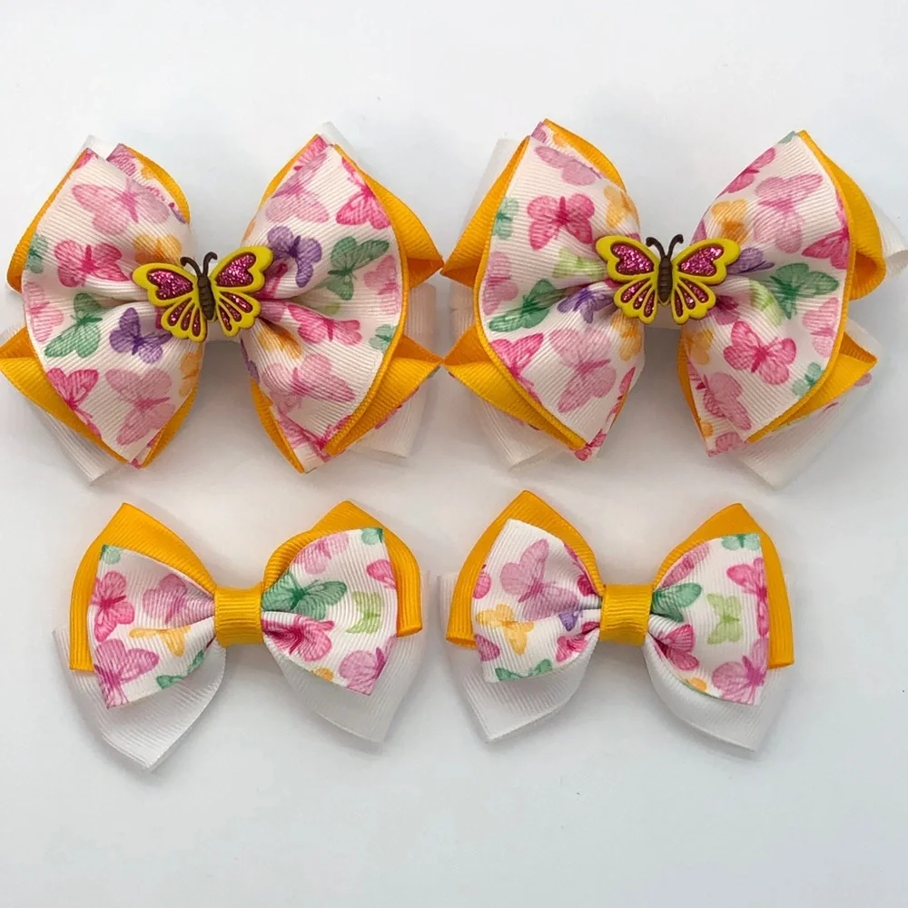 Butterfly Print Yellow Edge Hair Bows - Set of 4